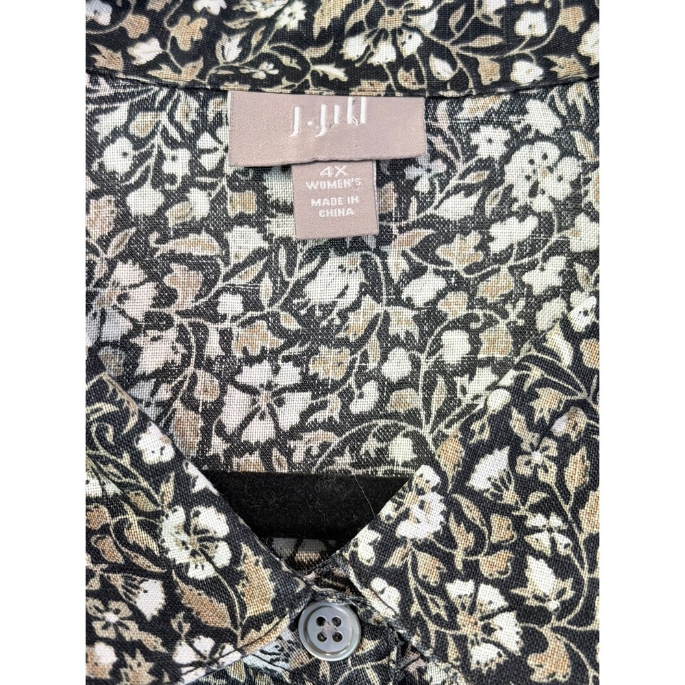 J. Jill Blouse 4X Plus Black Khaki White Floral Button Front Long Sleeve Tunic - Picture 3 of 8